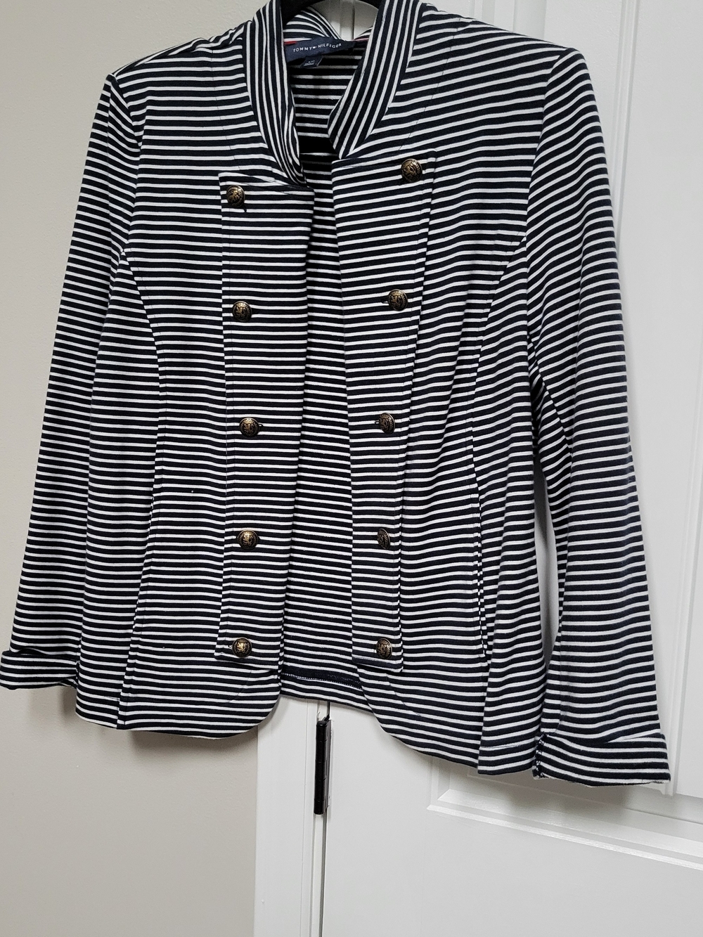 Women’s Black & White Striped Military-Button Jacket